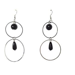 Elegant Silver Tone Hoop Black Bead Stacked Earrings Womens Costume Jewelry